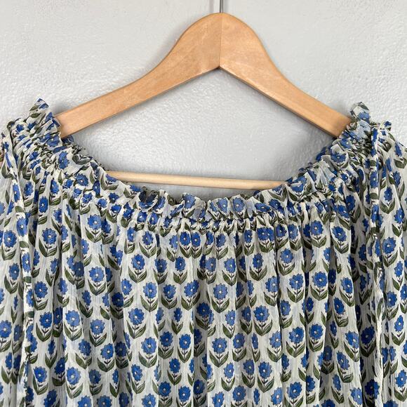Misa Los Angeles Top Size M Blue White Blouse Ruffle Sleeves On/Off-the-Shoulder - Picture 4 of 11